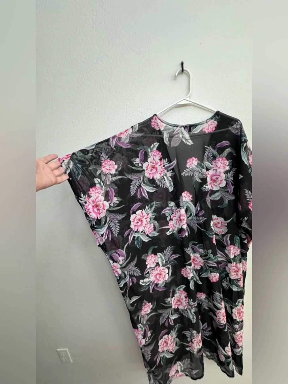 torrid Black Floral Swim Coverup with Pink and Lavender Blooms - Size 3/4